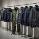 样品间衣架上的多款工作服：藏青、灰色夹克与连体服