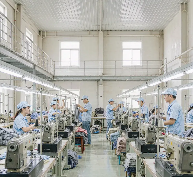 工作服生产车间：工人操作缝纫设备流水线