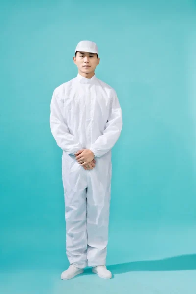 白色立领分体防尘服FH003上身实拍
