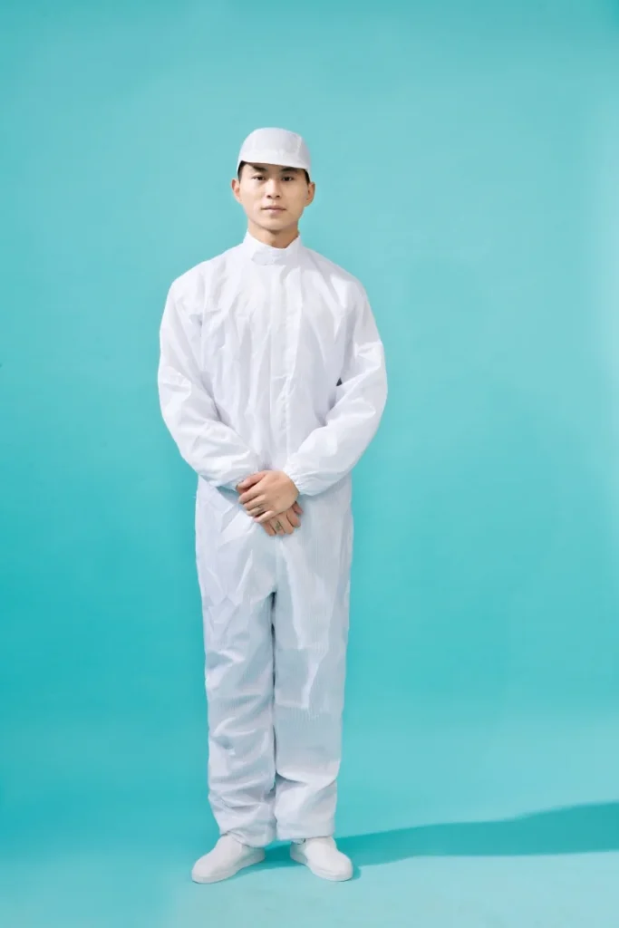 白色立领分体防尘服FH003上身实拍